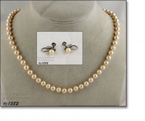 Vintage Faux Pearls Necklace and Earrings (item #1428423)