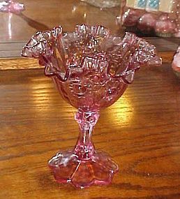 Fenton Cabbage Rose Pink Iridescent Ruffled Edge Compote